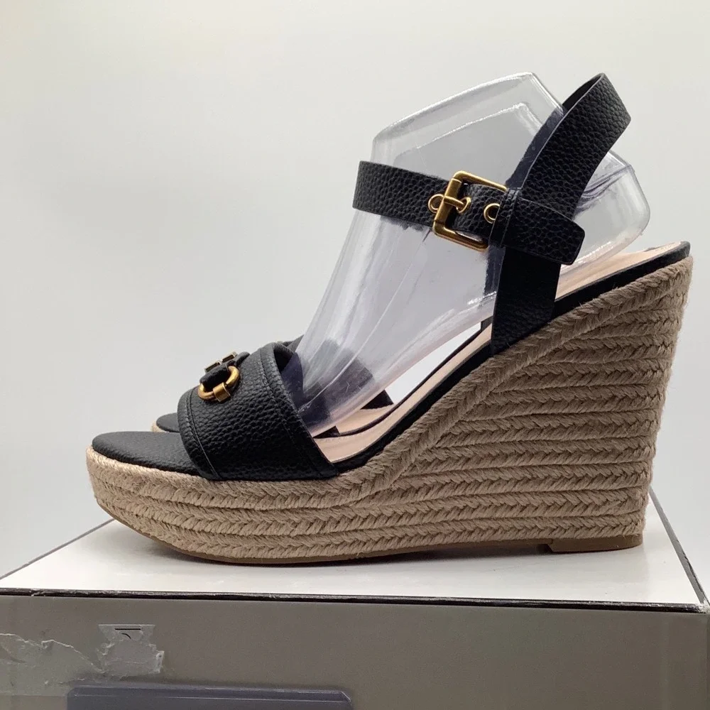 GUESS Hisley Black‎ Pebbled Espadrille Wedge Sandals Gold G Logo Mens 11 M NEW